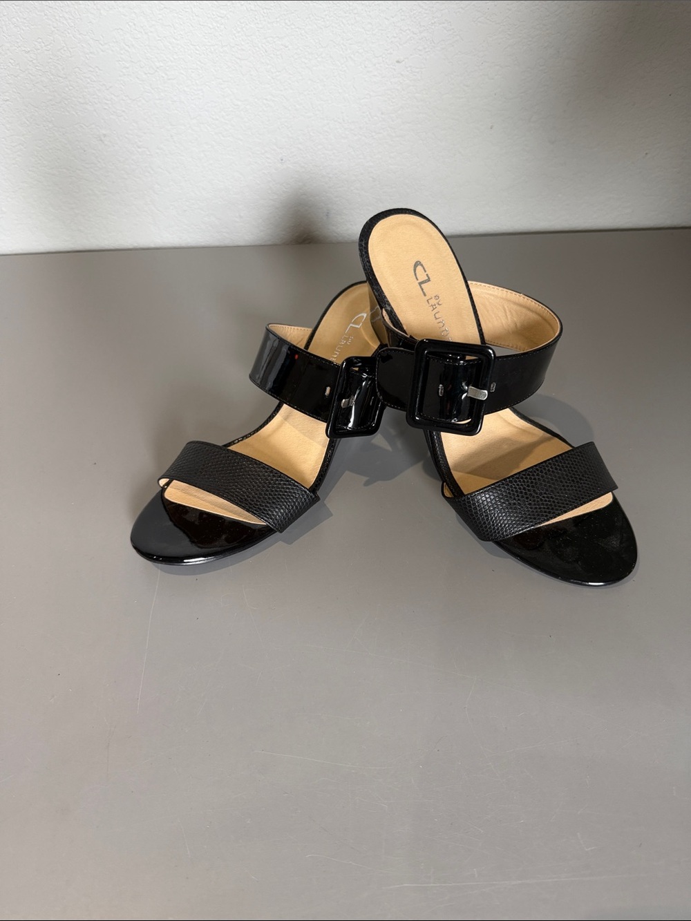CL by Laundry Black Patent & Textured Buckle Mule Sandals
